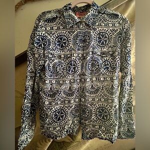 Tory Burch Abstract Blue White Pattern Blouse Shirt SZ 10
